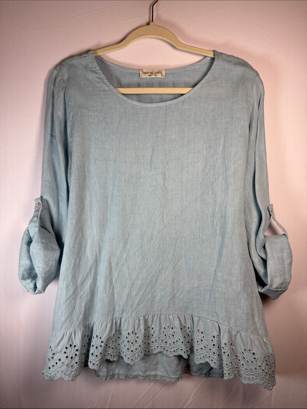 Terri Millennio Light Blue Linen Hi Lo Eyelet-Hem Tunic Top